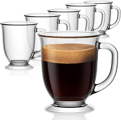 Luxu Glass Coffee Mugs Set of 4 Large Wide Mouth Mocha Hot Beverage Mugs (14oz) Clear Espresso Cups with Handle Lead-Free Drinking Glassware Perfect