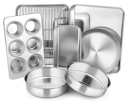 Elbee Home 8-Piece Nonstick Aluminized Steel, Space Saving Baking Set ,  With Deep Roasting Pan, Cookie Sheet, Cake Pans, Muffin Pans and Baking Pan