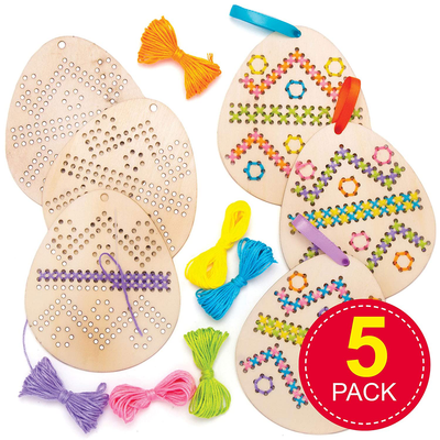 Baker Ross AT433 Easter Egg Wooden Cross Stitch Ornament Kits - Pack of 5, Ideal for Kids Arts and Craft Project, Educational Toys, Gifts, Keepsakes
