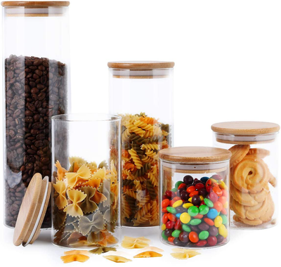4 Pack 25 Oz Glass Airtight Storage Jar Glass Canister with Bamboo Lid,  Decorative Petal Storage Container with Metal Handle for Dry Food, Tea,  Cookie, Candy, Sugar, Nuts