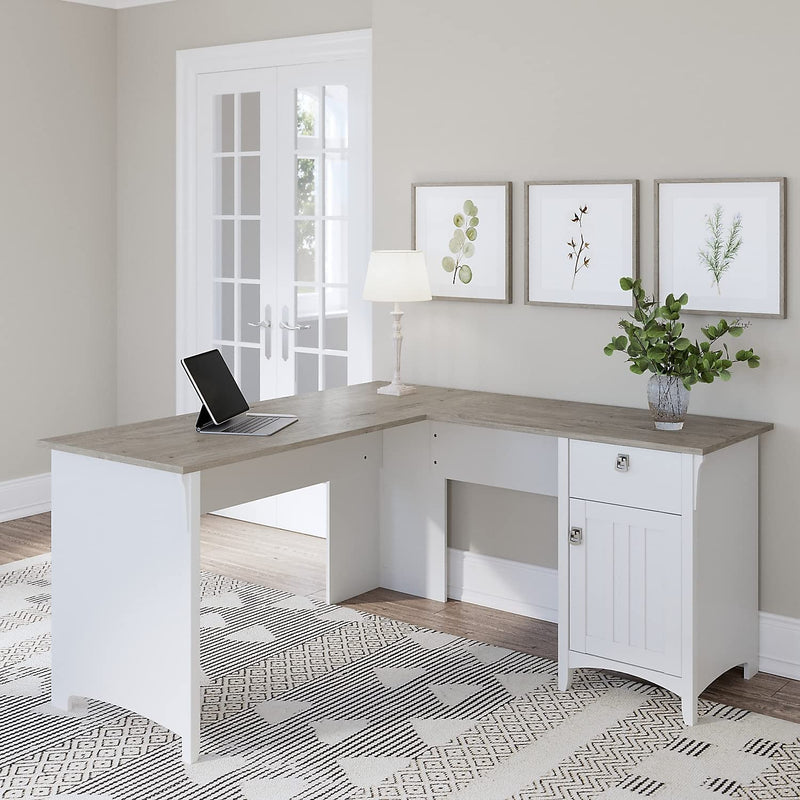Bush Furniture Salinas L Shaped Desk with Storage, 60W, Pure White and Shiplap Gray
