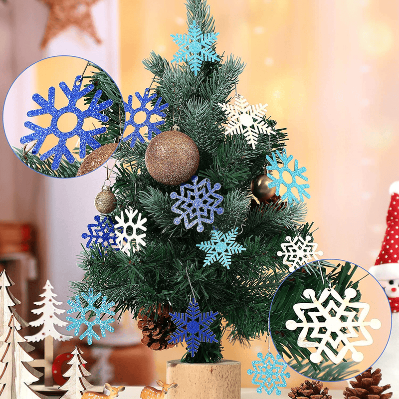 54 Pieces Snowflake Decorations White Blue Christmas Tree Ornaments Glitter Hanging Snowflakes from Ceiling Christmas Tree Snowflake Ornaments Winter Christmas Decorations with Hooks for Xmas Decor