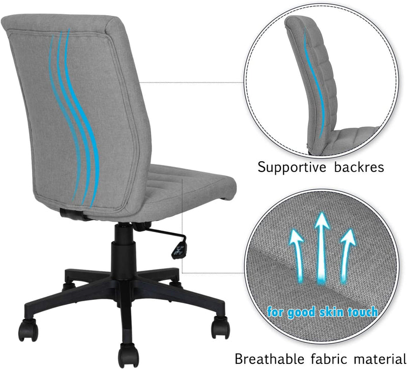 ORISTUS Armless Office Chair with Wheels Ergonomic Home Computer Desk Chair Mid Back Modern Swivel Adjustable Height Tesk Chair Linen Fabric (1, Light Grey)