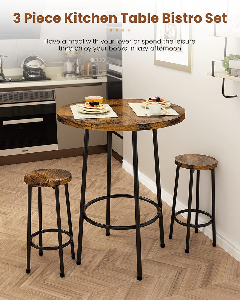 Recaceik 3 Piece Pub Dining Set, Modern round Bar Table and Stools for 2 Kitchen Counter Height Wood Top Bistro Easy Assemble for Breakfast Nook Living Room Small Space Restaurant, Rustic Brown 23