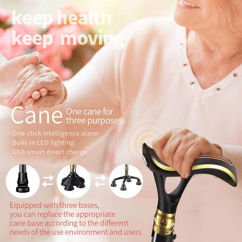 Ispuoocti Smart Alarm Walking Cane for Men & Women, Telescopic and Adjustable Walking Sticks for Seniors, USB Direct Charge, with LED Light, One Cane for Three Purposes, Light and Stable
