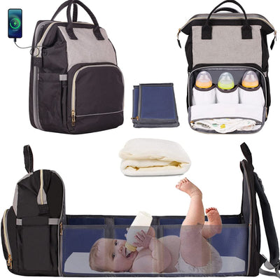 Diaper Bag with Changing Station (Detachable Version), Baby Backpack with Changing Pad and Folding Crib for Baby Shower Gifts, Waterproof Mommy Bag, Travel Bassinet Bag