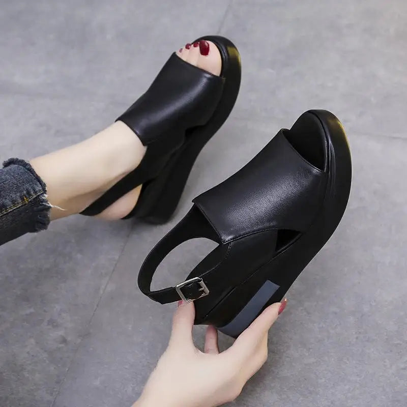 Sandalias casuales de cuero con suela gruesa para mujer - Cómodas - Confort ortopédico