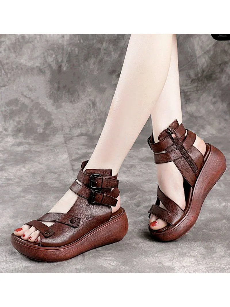 Sandalias de verano de piel vintage para mujer - Planas - Confort ortopédico