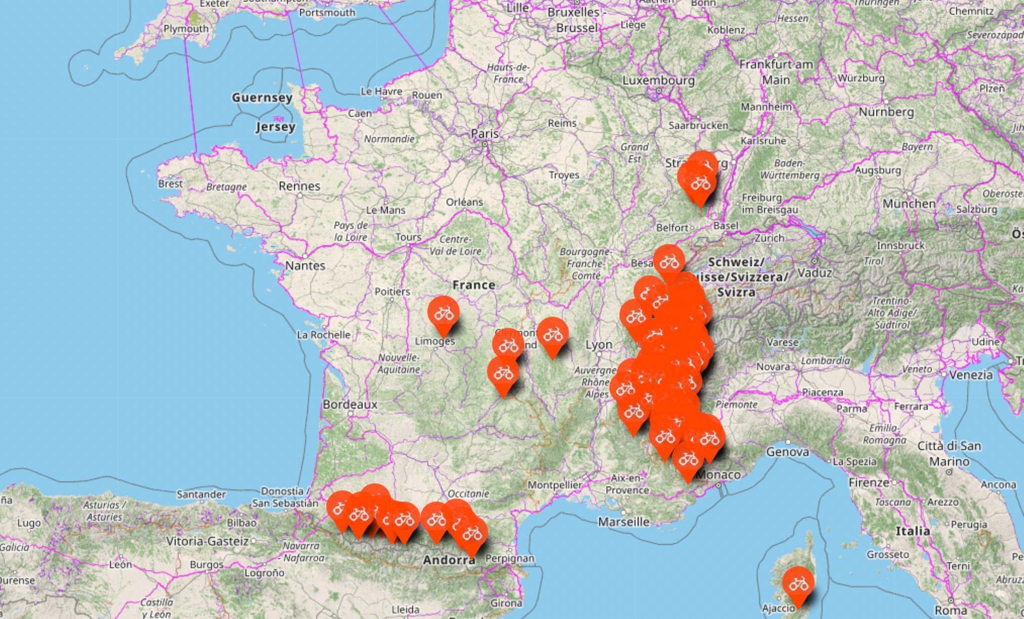 Carte de la France avec les lieux ou pratiquer le VTT de descente.