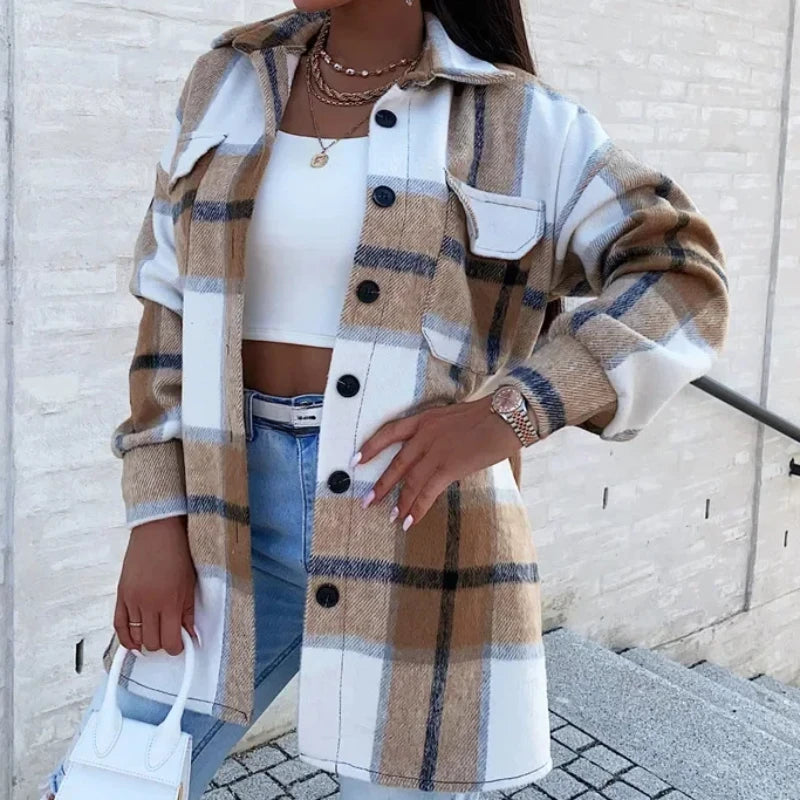 Women Coat Plaid Print Pocket Button Coats Long Sleeve Shacket Autumn Turn Down Collar Single Jacket Breasted Spring Jackets
