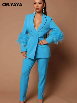 CM.YAYA Vintage Women Fur Hem Long Sleeve Blazer Suit and Pants 2023 Chic OL Fashion Two 2 Piece Set Outfits Basic Tracksuit - Katertomyman Men & Women Shop