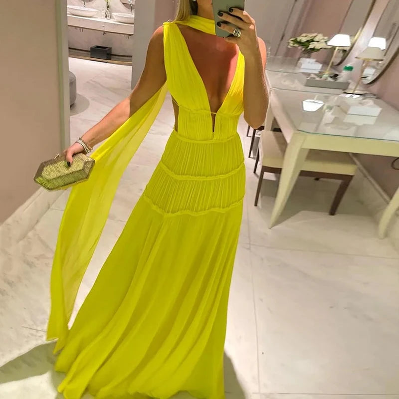 Ellafads Maxi Dress Women's 2024 Summer Fashion Solid Sleeveless Hollow V Neck Backless Loose Pleated Holiday Dresses Streetwear