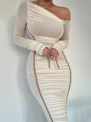 Mozision Diagonal Collar Long Sleeve Midi Dress For Women Two Layer Mesh Backless Ruched Bodycon Club Party Sexy Long Dress - Katertomyman Men & Women Shop