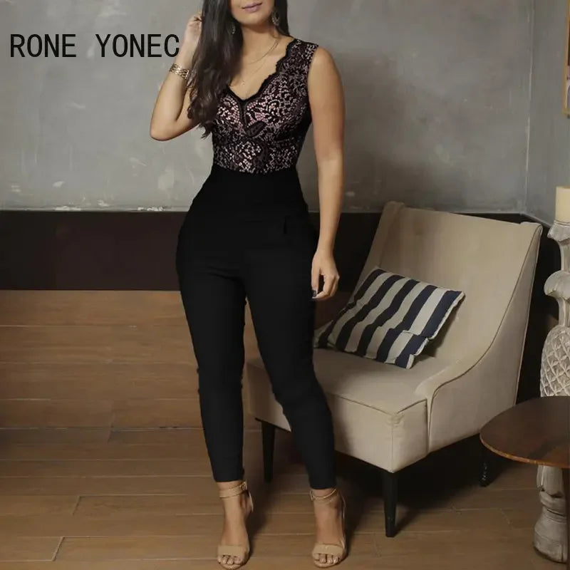 Women Solid Elegant Deep V-Neck Lace Bodice Sleeveless Ankle Length Jumpsuits