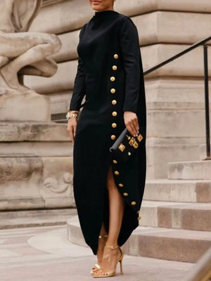Yeezzi Women's Fashion Buttoned Split-Side High Neck Black Dress 2024 New Long Sleeves Loose Urban Office Commute Maxi Dresses - Katertomyman Men & Women Shop