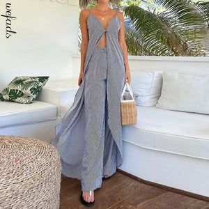 Wefads Two Piece Set Summer Women's  Fashion Casual V Neck Striped Suspender Slit Sleeveless Top Long Pants Sets Streetwear - Katertomyman Men & Women Shop