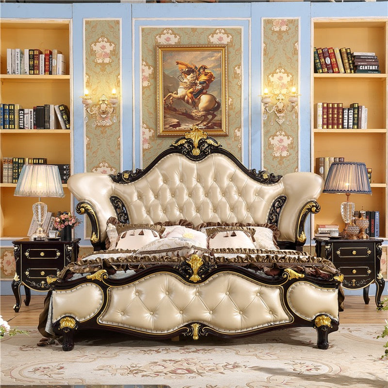 Our stunning 3098 French Prince Champagne Nappa Leather with Black & Gold Frame Bedroom Set brings unparalleled elegance and comfort to your bedroom. The set features premium quality Nappa Leather, known for its durability and softness. The champagne color adds a touch of sophistication, while the black and gold frame completes the royal look. The set includes a stylish bed frame, a spacious wardrobe, and matching nightstands. Each piece is meticulously crafted to ensure the highest quality and longevity. The bedroom set's exquisite design is sure to make a statement in any space and provide a comfortable and luxurious sleeping environment. With its timeless design and high-quality materials, this French Prince Champagne Nappa Leather with Black & Gold Frame Bedroom Set is not just furniture, but a work of art. It is the perfect choice for those seeking to achieve a luxurious and sophisticated bedroom decor.