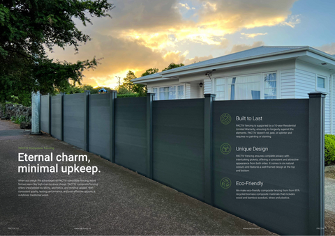 Eternal charm,  minimal upkeep. When you weigh the advantages of PACTIV composite fencing, wood  fences seem like high-maintenance chores. PACTIV composite fencing  offers unparalleled durability, aesthetics, and minimal upkeep. With  consistent quality, lasting performance, and cost-effective options, it  outshines traditional wood. PACTIV fencing is supported by a 10-year Residential  Limited Warranty, ensuring its longevity against the  elements. PACTIV doesn’t rot, peel, or splinter and  requires no painting or staining. PACTIV Fencing ensures complete privacy with  interlocking pickets, offering a consistent and attractive  appearance from both sides. It comes in six natural  colours and features a well-framed design at the top  and bottom We make eco-friendly composite fencing from from 95%  recycled biomass composite materials that includes  wood and bamboo sawdust, straw and plastics.
