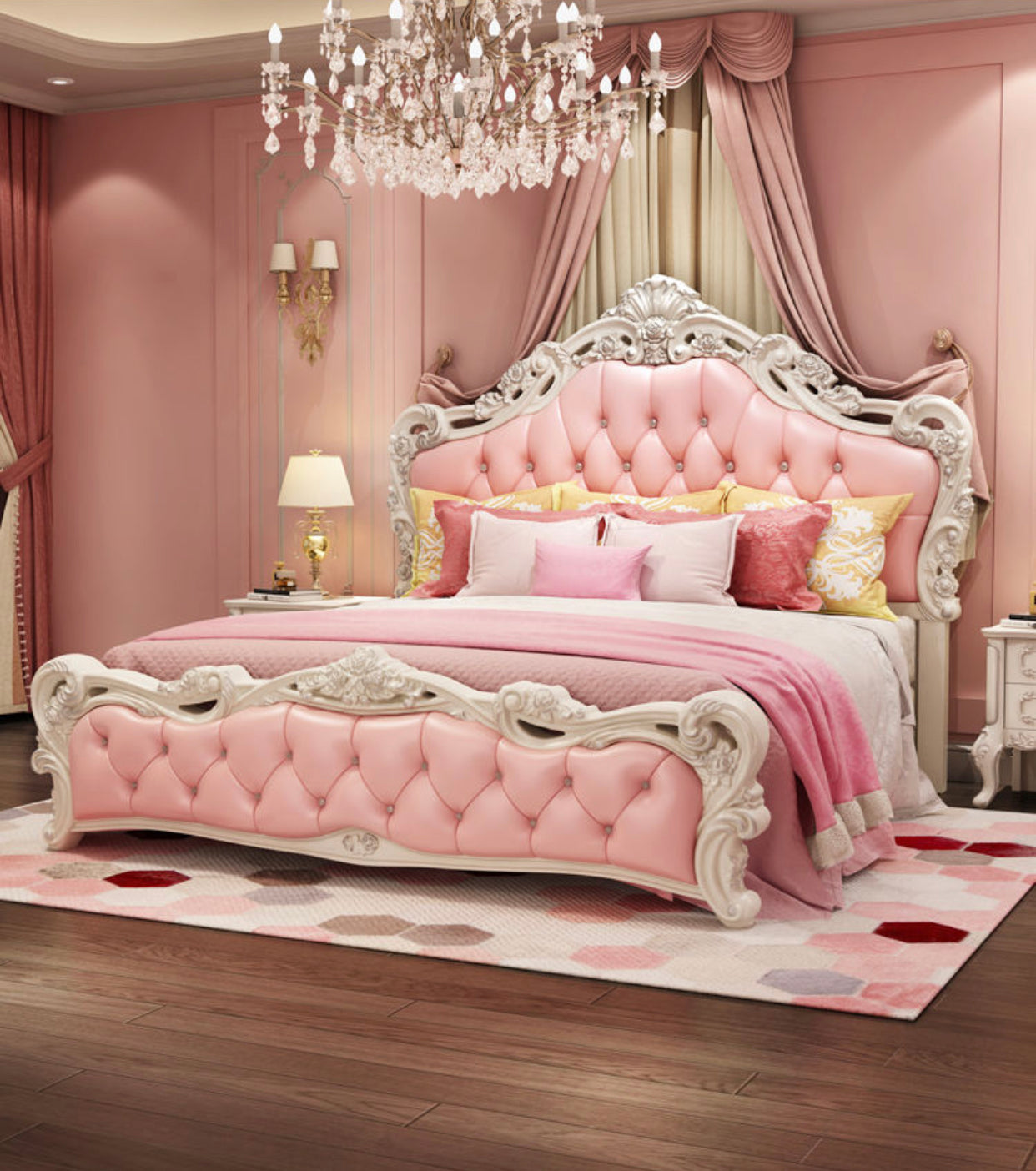 Experience elegance & comfort with the X01 European Luxurious Cream White/Pink Tufted Rococo 7 Pieces Bedroom Set. The perfect blend of style and functionality to revitalize your bedroom spaces. Don't miss this stunning bedroom set. Order now!