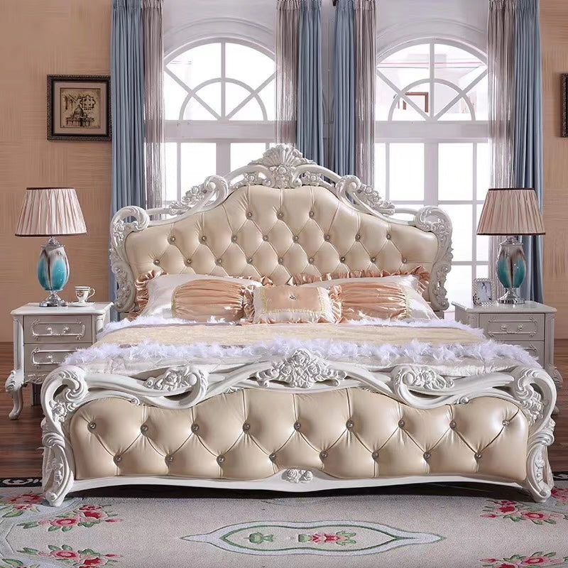 Step into the world of grandeur and luxury with our exquisite X01 European style Luxurious Champagne/Cream White Tufted Rococo 7 Pieces Bedroom Set. The Rococo design, derived from the French ‘rocaille’ or ‘rockwork’ and symbolic of the Rococo art movement of the early 18th century, brings an element of extravagance and elegance to your bedroom. Each piece in this collection has been meticulously designed to offer ultimate luxury. The tufted headboard and foot-board set the tone for the theme, while the intricate detailing of the wardrobe, dresser and the side tables add a touch of vintage charm to the ensemble. The champagne and cream white color scheme evokes an aura of elegance, making your bedroom instantly look more sophisticated and appealing. Constructed from high-quality materials, this 7-piece bedroom set promises long-lasting durability. Its timeless design ensures it blends seamlessly with various decor styles while always standing out for its distinct aesthetics. Experience high-end comfort and style with our X01 European style Luxurious Champagne/Cream White Tufted Rococo 7 Piece Bedroom Set. Elevate your bedroom experience today.