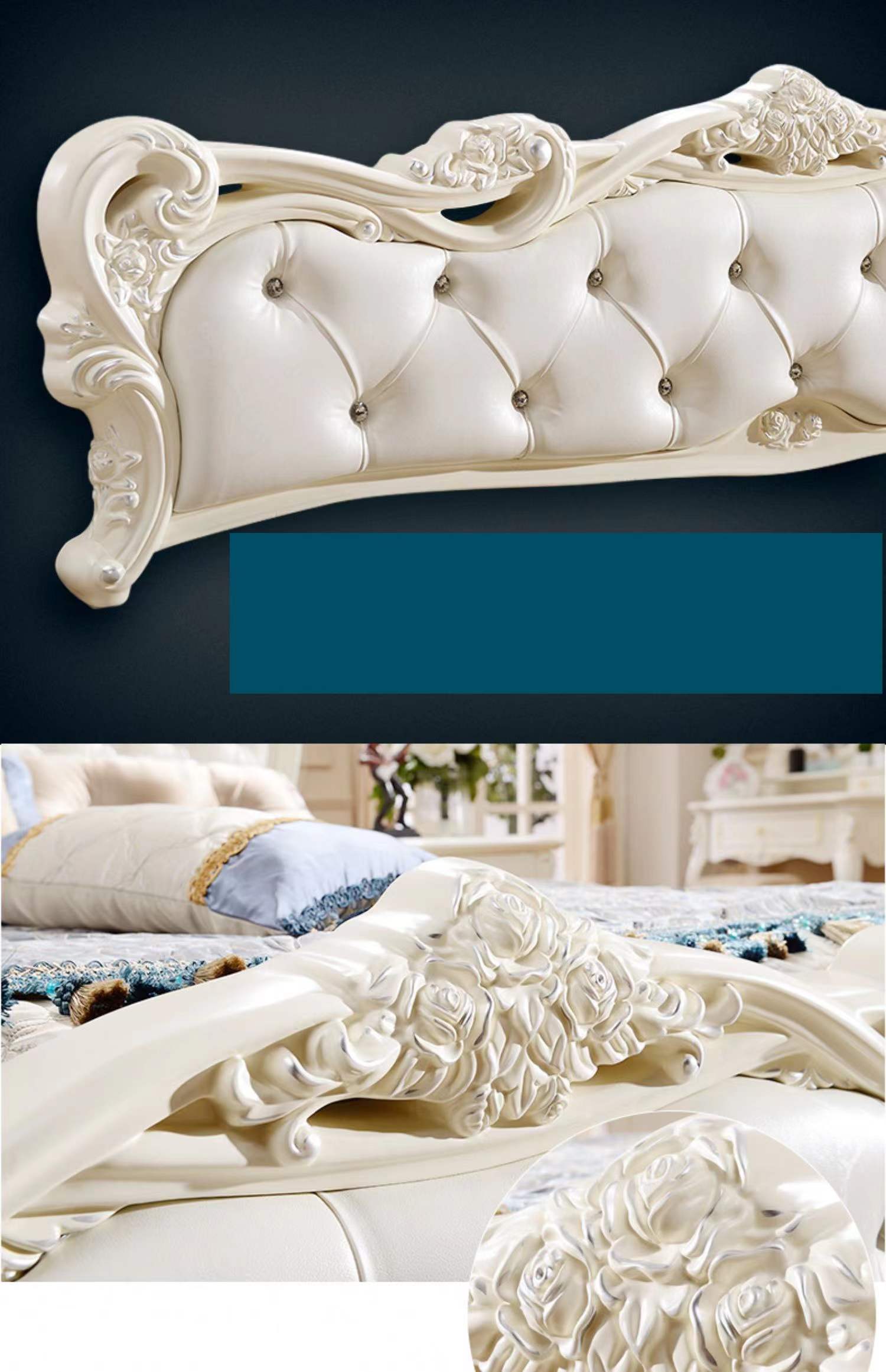 Introducing the X15 Vintage Elegant White Frame White Napa Leather Royal Bedroom Set, a symbol of luxury and sophistication. This set combines the timeless attractiveness of vintage furniture design with the modern durability of Napa leather. The complete set includes a bed, nightstands, dresser, and a mirror, all showcasing exquisite craftsmanship. The bed features a plush Napa leather headboard creating a comfortable reading nook to enjoy your favorite book. Nightstands provide ample storage with elegant hardware to add a touch of glamour. Dresser with a spacious tabletop and multiple drawers offers enough room to store your essentials. The mirror framed in white complements the overall aesthetic of the set while making your room appear larger and brighter. It's not just a place to sleep, but an expression of your taste, a sanctuary at the end of the day, and a statement to anyone who enters. Invest in the X15 Vintage Elegant White Frame White Napa Leather Royal Bedroom Set, and you're investing in more than just objects but an elevated living experience.