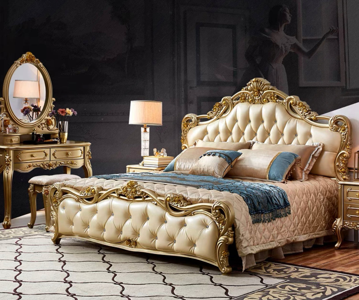The X01 Bedroom Set is a testament to the timeless appeal of European style, seamlessly blending comfort and luxury. The set comprises seven pieces, each intricately designed with its unique flair. The cream and gold color scheme brings warmth to any bedroom, adding a touch of elegance that transcends trends. Each furniture piece showcases an intricate tufted design that provides not only an aesthetic appeal but also unrivaled comfort. Hand-picked fabrics make up the tufting, providing you with long-lasting quality and comfort. Embrace the Rococo era and experience ultimate relaxation and sophistication with this glorious bedroom set. Its gold highlights and cream backdrop create a tranquil ambiance, perfect for relaxation and restful sleep. Experience the best of European style with the X01 Luxurious Gold/Cream Tufted Rococo Bedroom Set, the perfect addition to any sleep sanctuary.