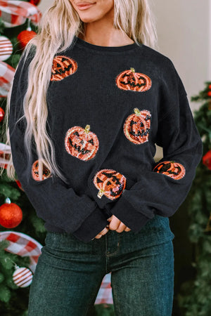 Sequin Patch Pumpkin Round Neck Sweatshirt - DM SMARTSHOP LLC