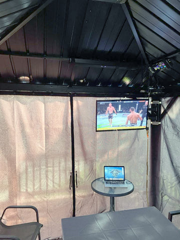 mounting tv with mosquito screens , gazebo with curtains. 