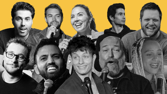 Clockwise, L-R: Adam Ray, Brooks Wheelan, Whitney Cummings, Michael Blaustein, Derrick Stroup, James Adomian, Akaash Singh, Matt Rife, Kyle Kinane & Brittany Carney.