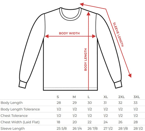 long sleeve tee size chart