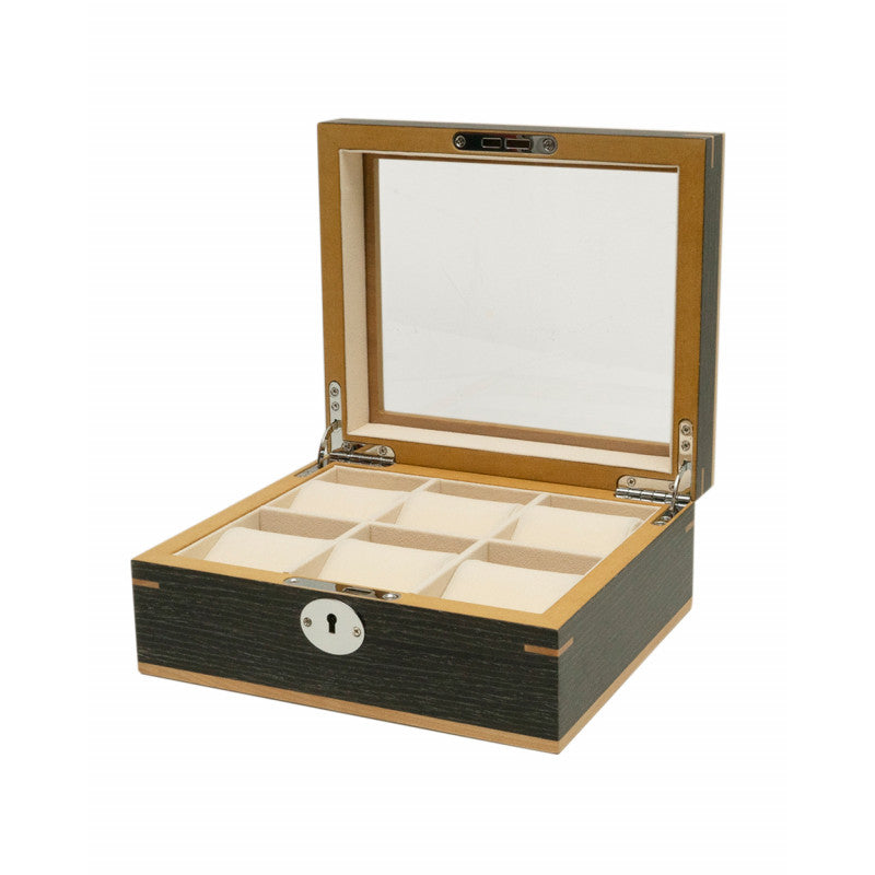 KRONOKEEPER CLIPPERTON 6 WATCH BOX IN GREY WOOD WITH GLASS LID