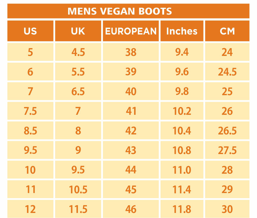 Size chart vegan leather boots for men | Raiana's Vibes