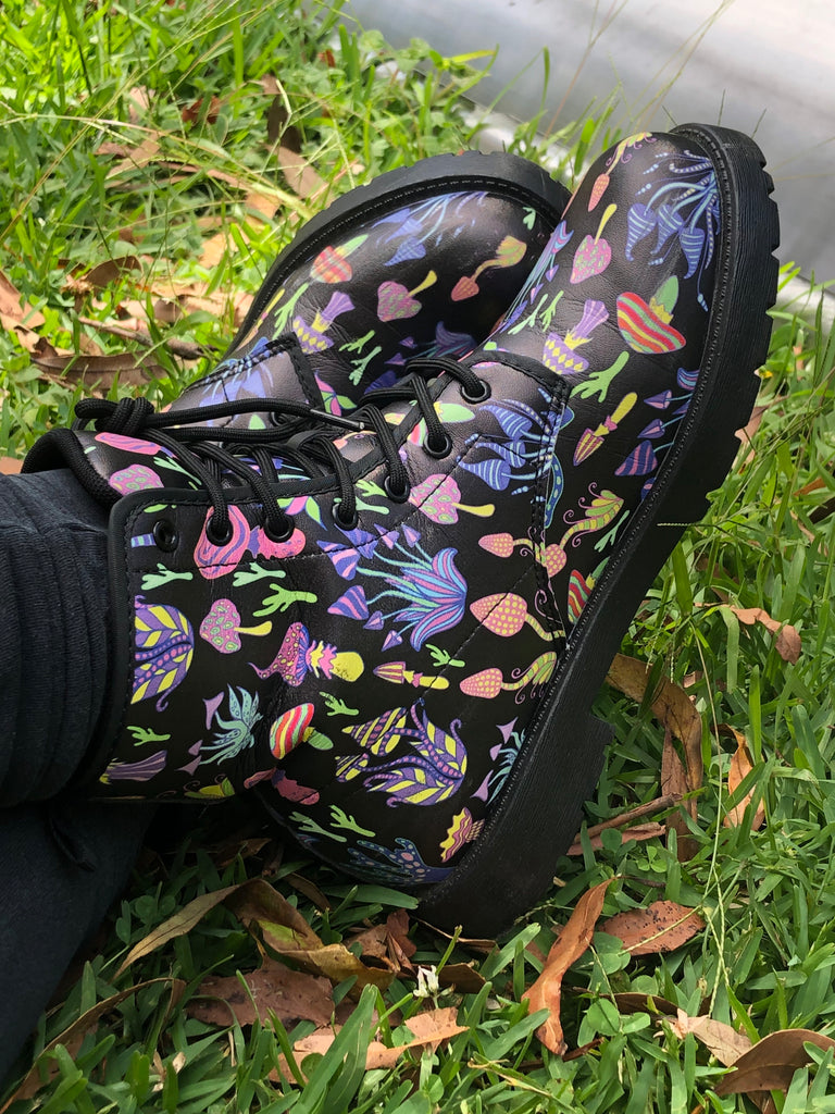 Combat Boot with a trippy mushroom pattern | Raiana's Vibes