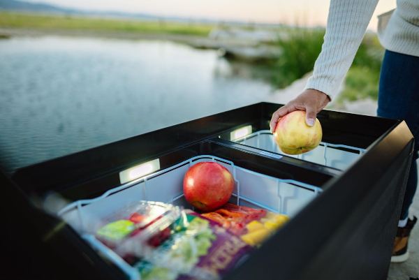A fridge with food, fruit, and ice creams-1