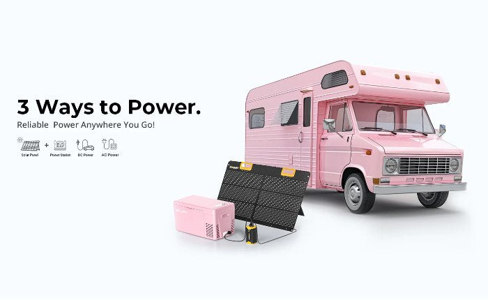 Power BougeRV’s 12V pink fridge for RV using a BougeRV’s portable solar panel and a battery