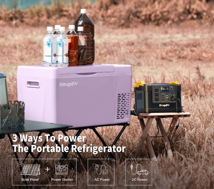 You can run BougeRV’s 12V colored fridge on solar panels, portable power station, AC power, or DC power