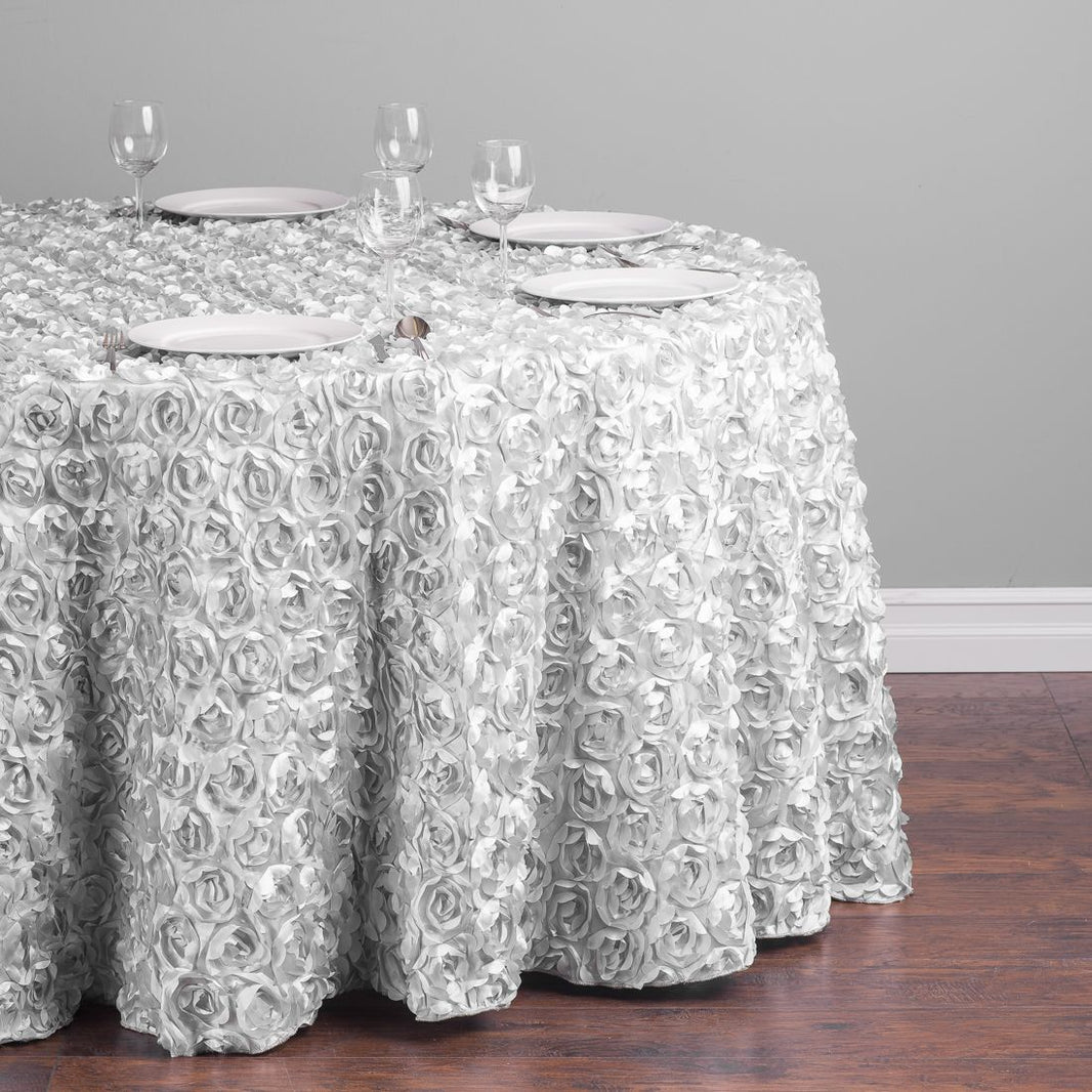 120 In Round Tablecloths   118RD 060415 118 In. Round Rosette Satin Tablecloth Silver Main 1066x 