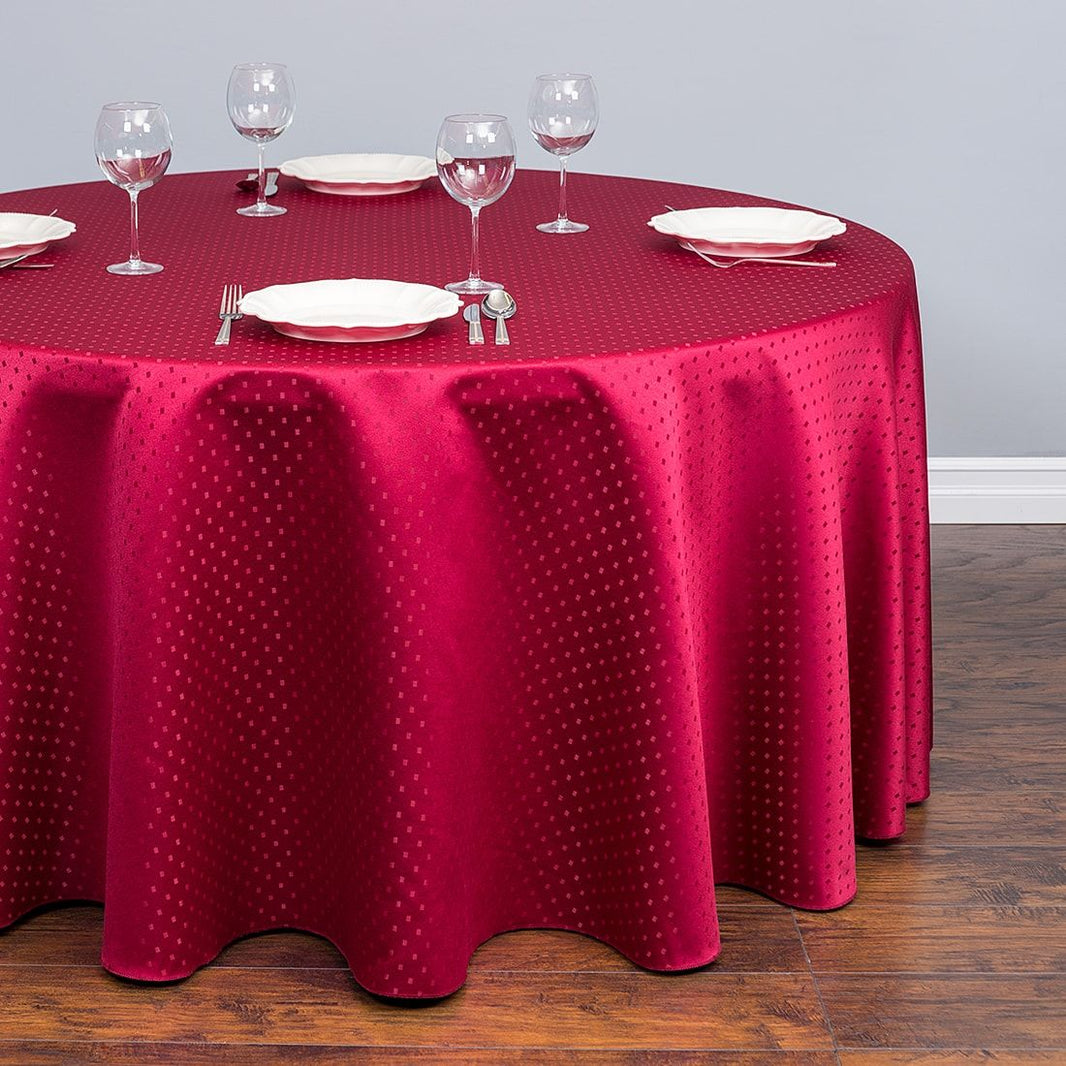 120 In Round Tablecloths   120RD 012631 120 In. Round Square Point Damask Tablecloth Burgundy Main 1066x 