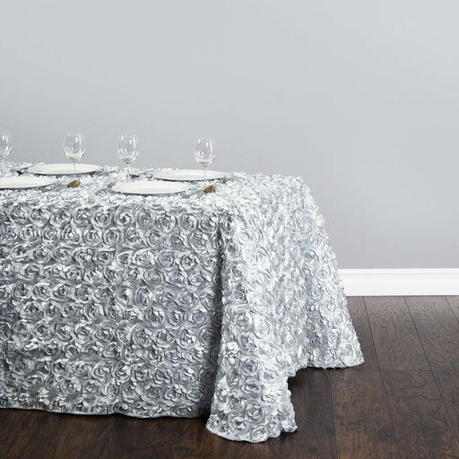 90x156 Silver Large Rosette Rectangular Lamour Satin Tablecloth