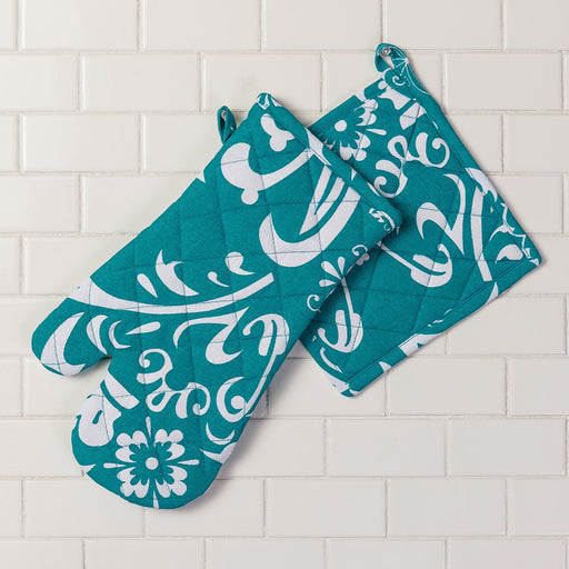 Paisley Cotton Oven Mitt / Pot Holder Set 4 Pack (6 Colors) White with Mint by LTC Linens