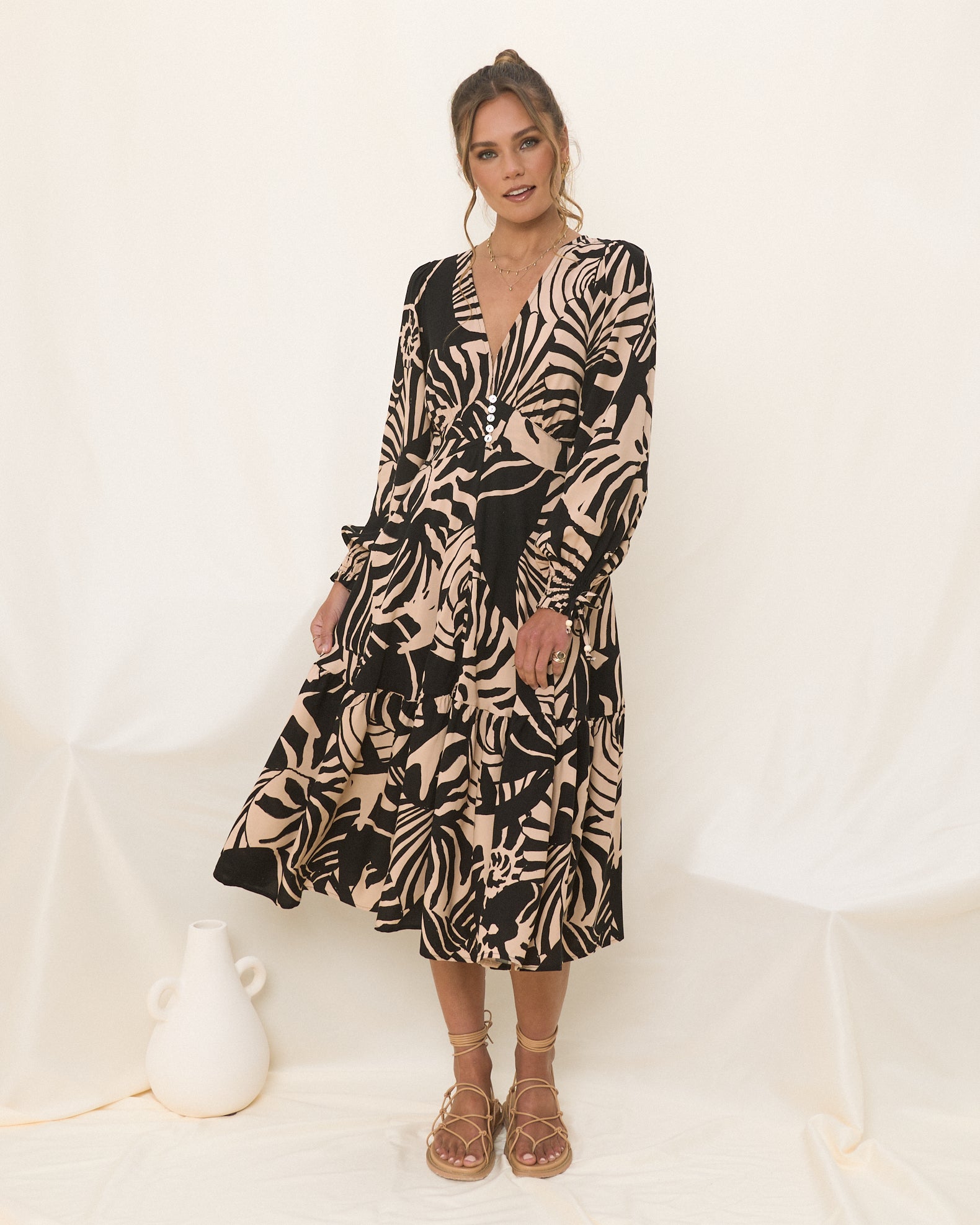 Maris Black Sand Abstract Shell Long Sleeve Midi Dress