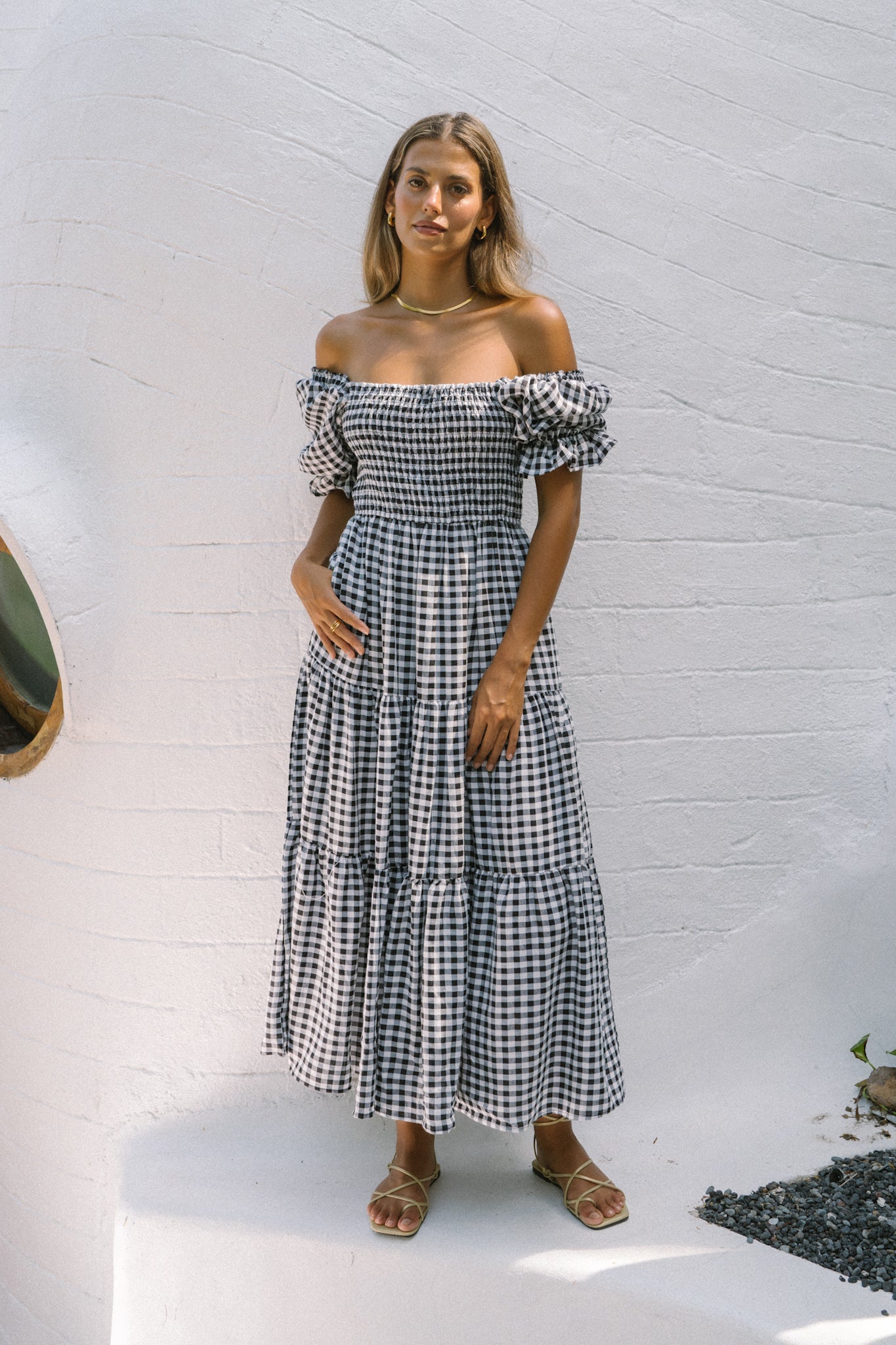 Gabrielle Black Gingham Puff Sleeve Tiered Midi Dress