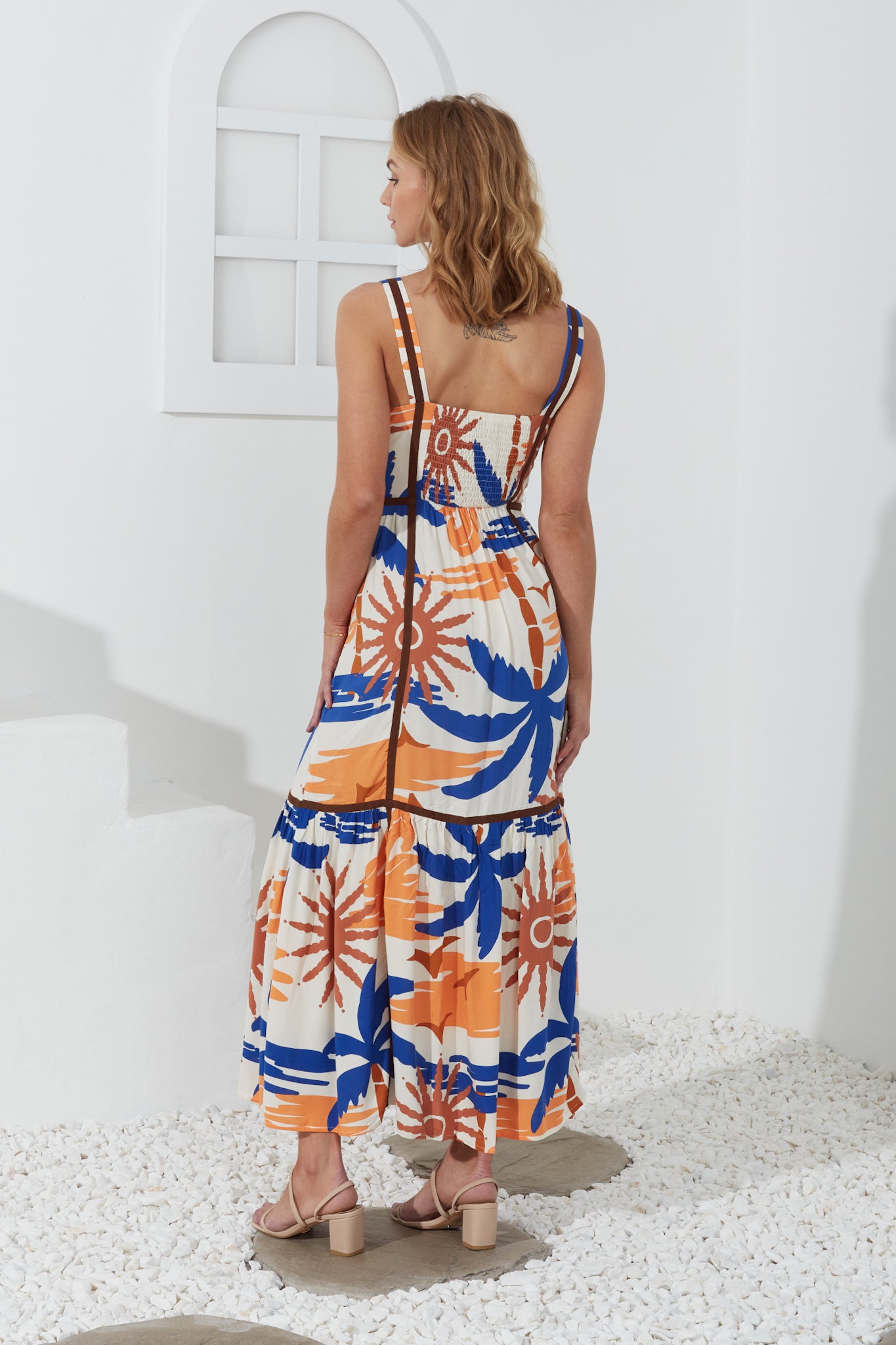 Tropicana Blue Orange Abstract Contrast Maxi Dress