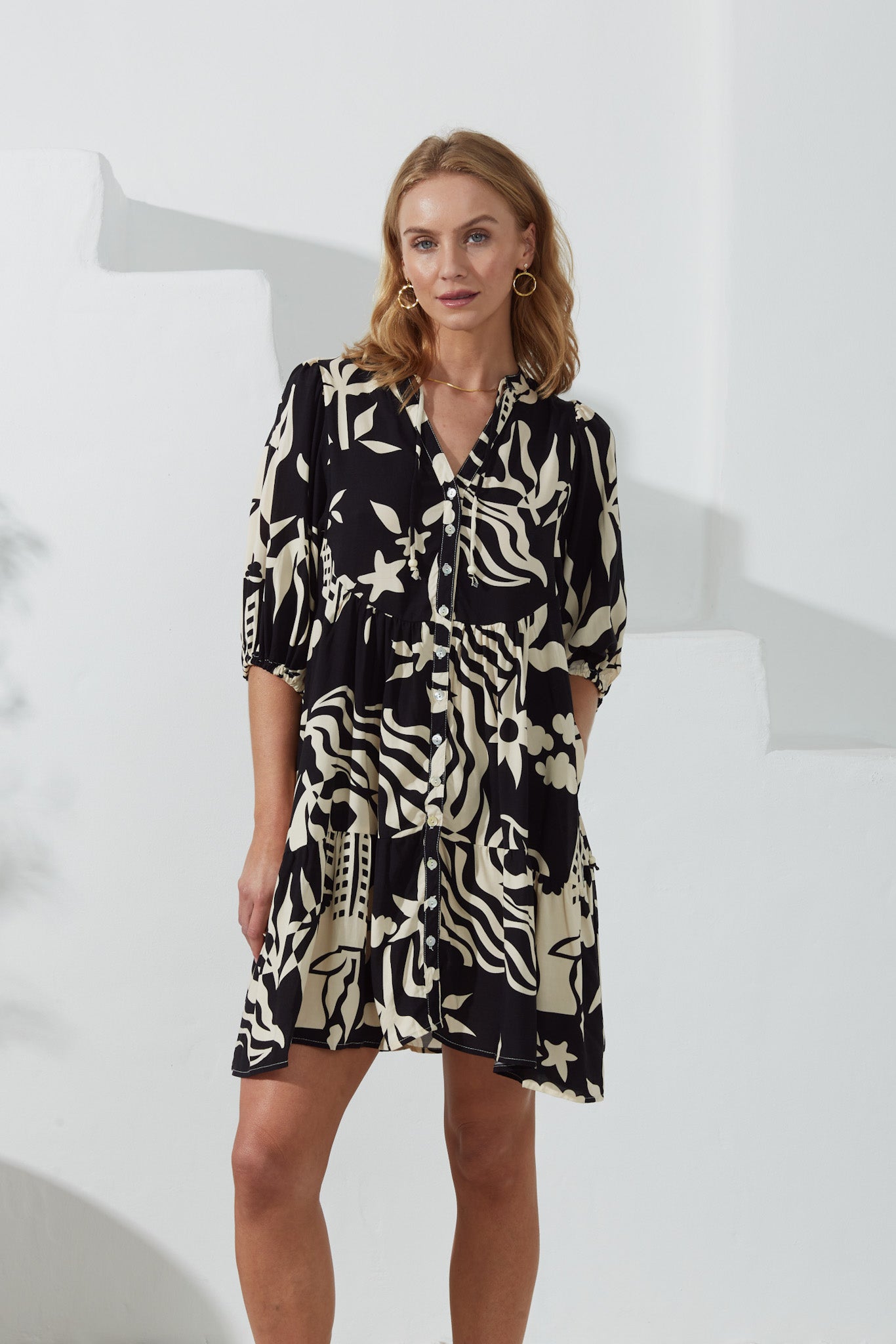 Cali Black Abstract Button Down Mini Dress