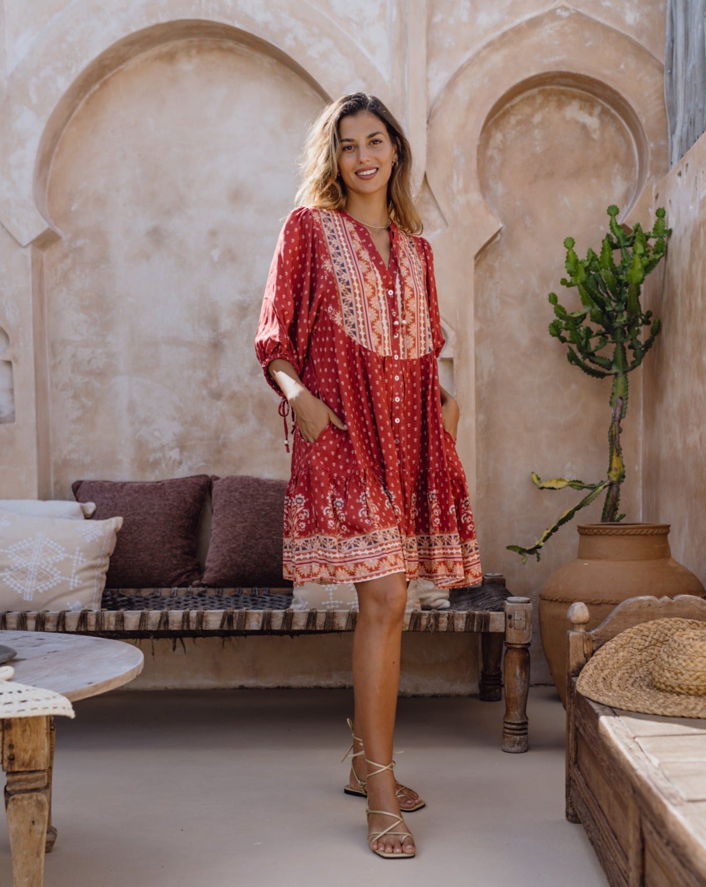 Ember Red Boho Button Down Mini Dress