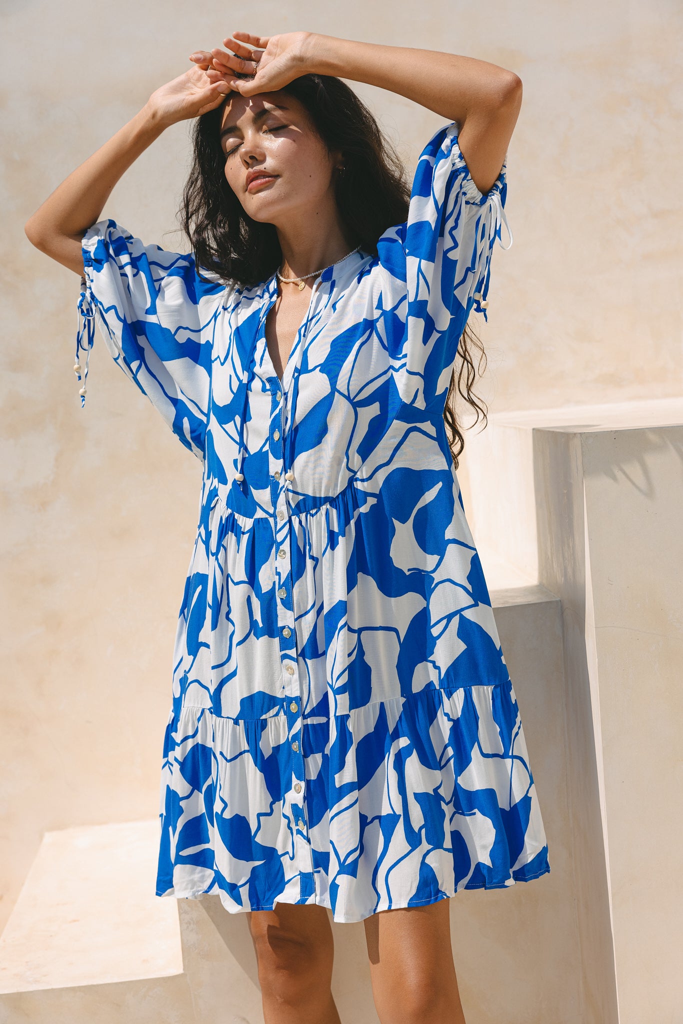 Calypso Blue Abstract Button Down Mini Dress