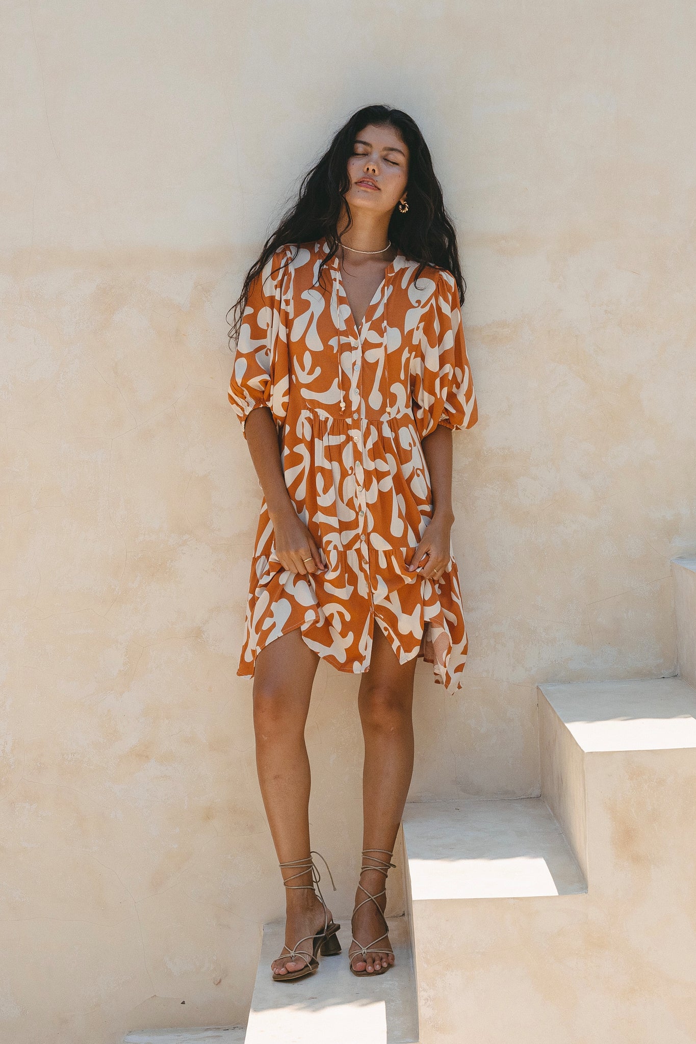 Solange Rust Orange Abstract Button Down Mini Dress