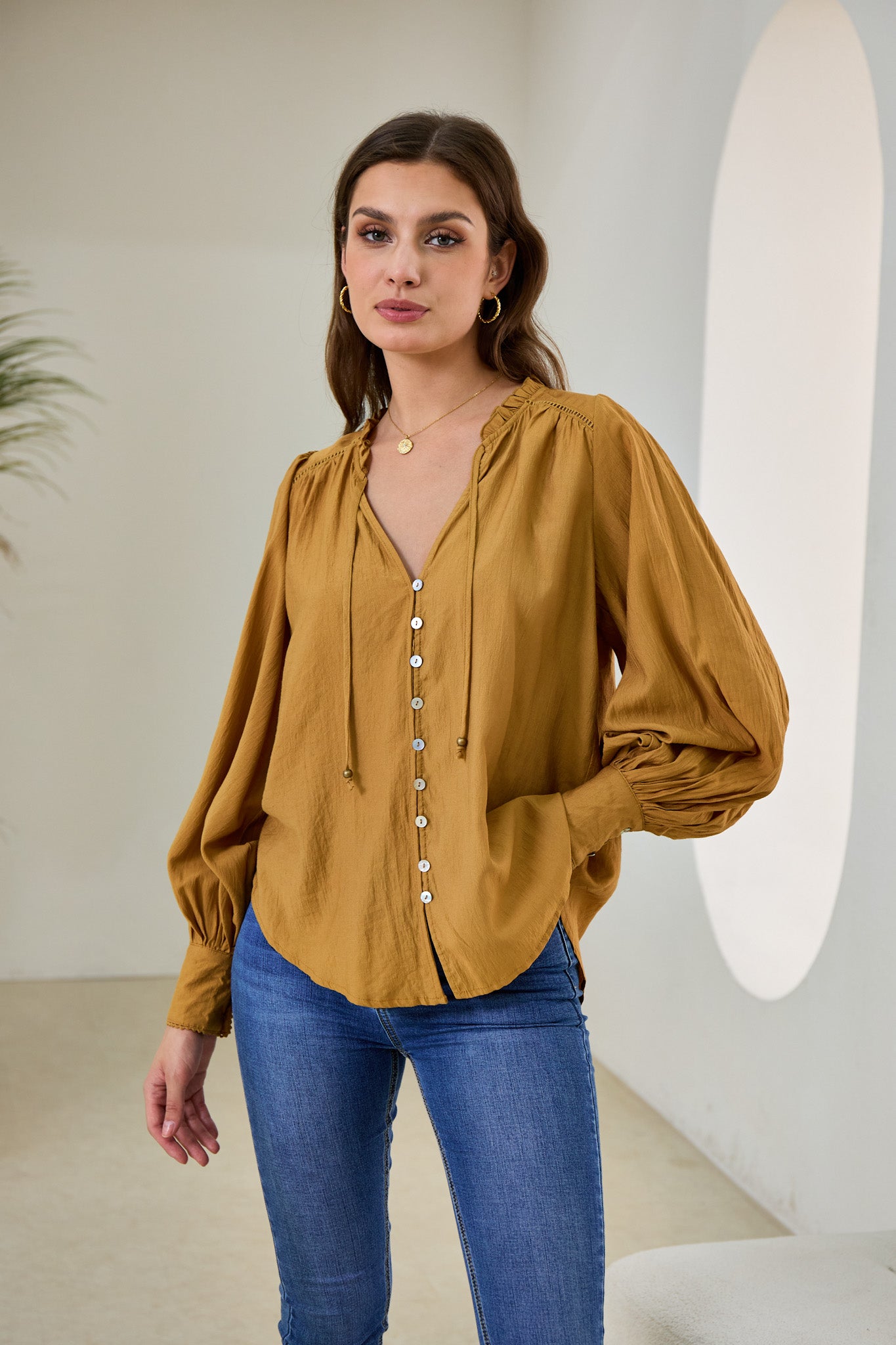 Carissa Tan Brown Balloon Sleeve Blouse