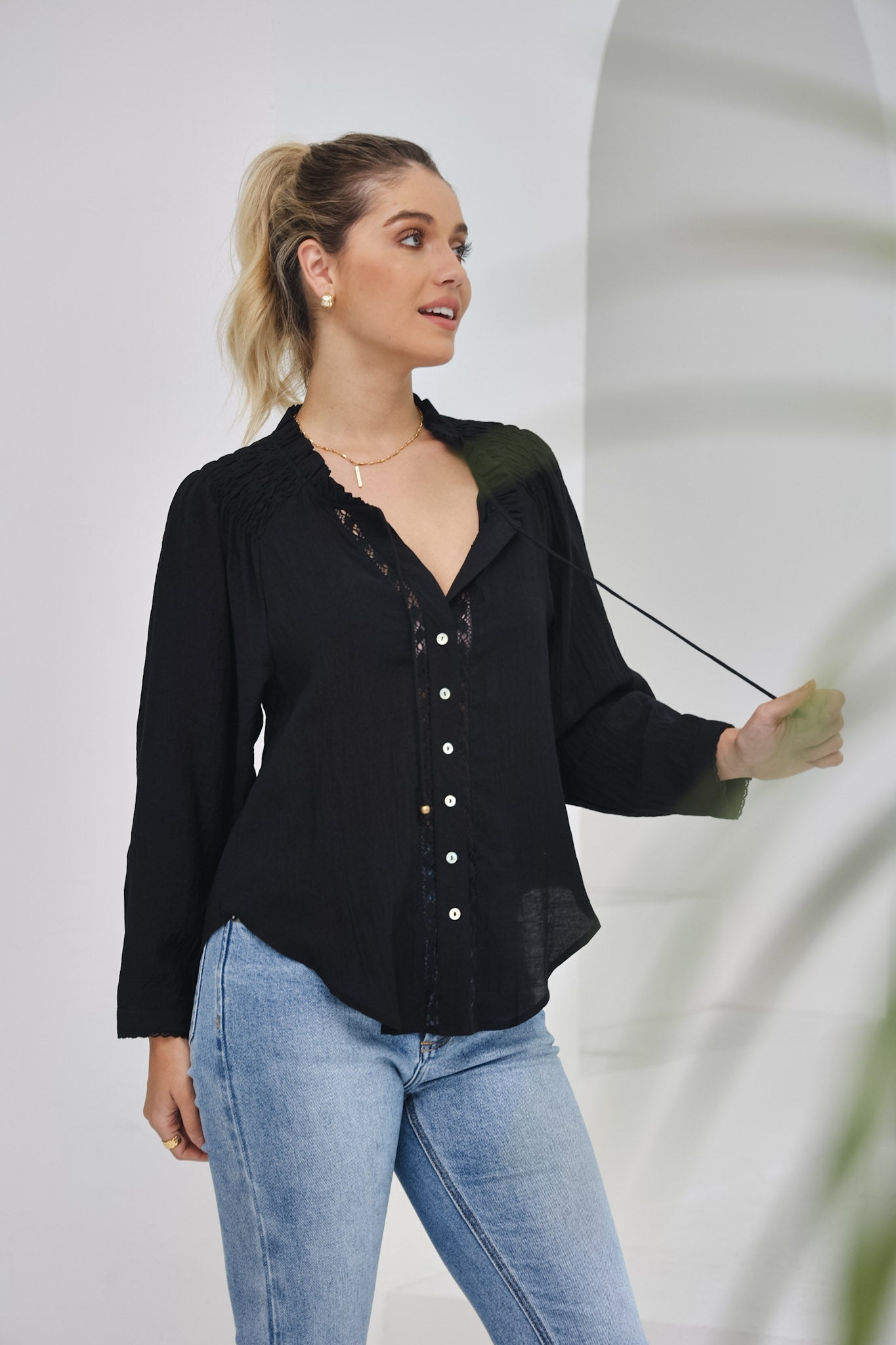 Clarisse Black Lace Trim Blouse