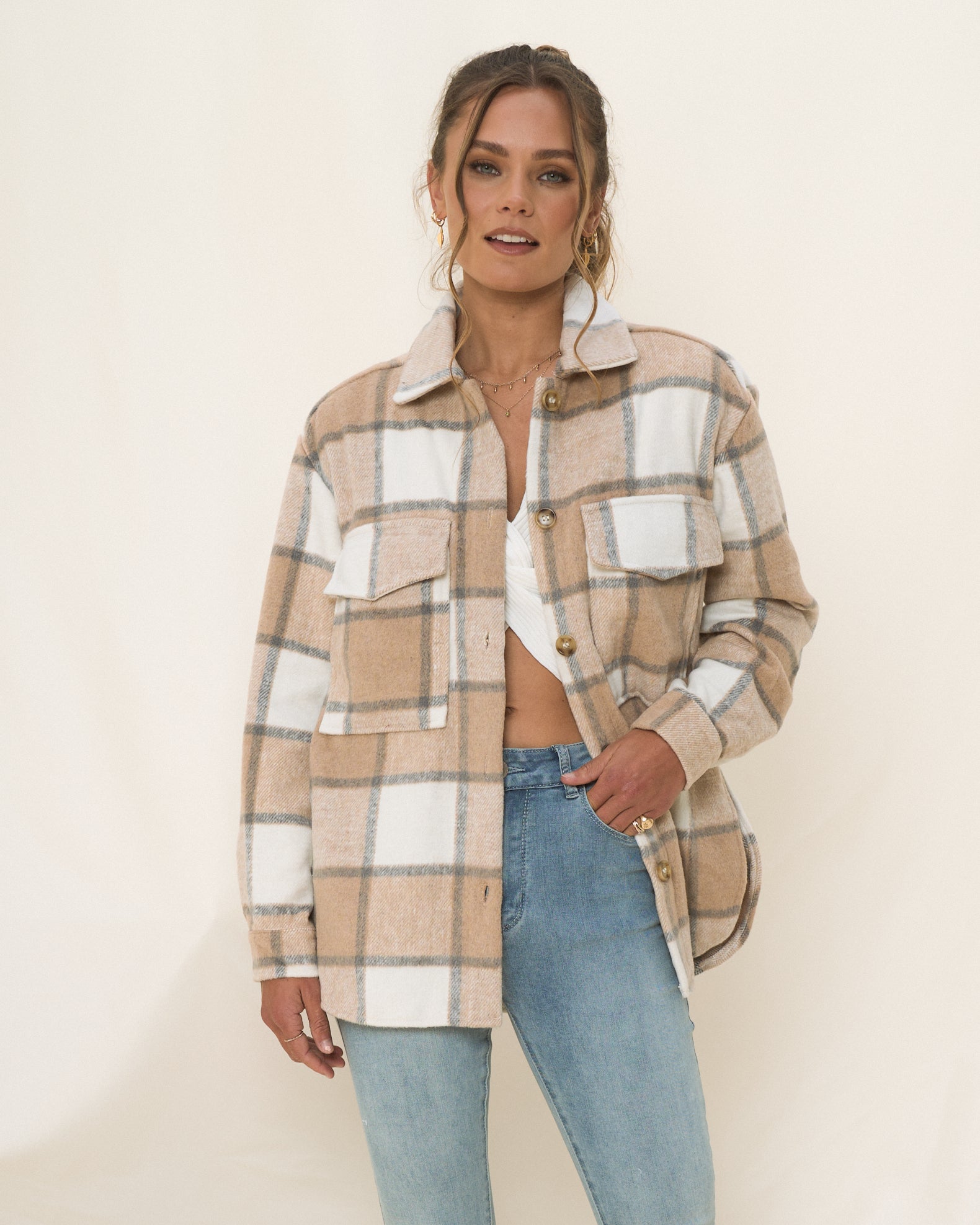 Flynn Beige Check Wool Blend Shacket